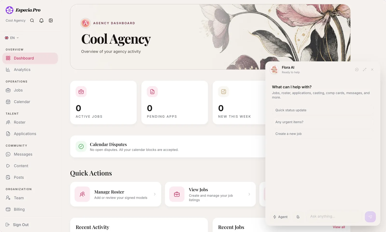 Especia agency dashboard for managing rosters, castings, applications, bookings, and messages