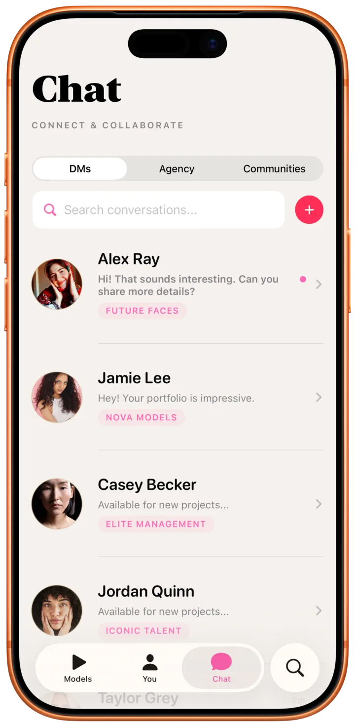 Especia messaging screen for conversations between models, agencies, creatives, and brands