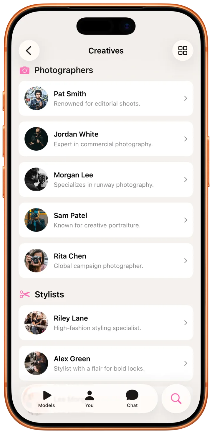 Especia mobile creation screen for publishing portfolio and fashion community content