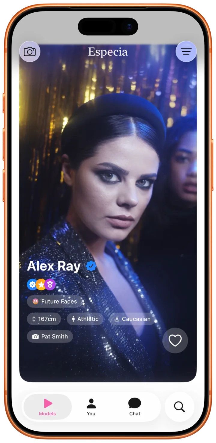 Especia mobile feed showing fashion models, creative posts, and casting updates